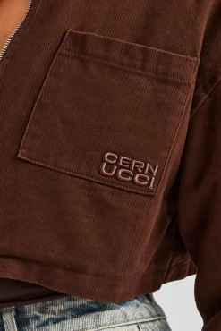 Women CLO-TOP-OUT Twill Cord Collar Harrington Jacket - Chocolate