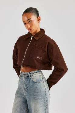 Women CLO-TOP-OUT Twill Cord Collar Harrington Jacket - Chocolate