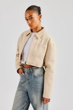 Women CLO-TOP-OUT Twill Cord Collar Harrington Jacket - Stone