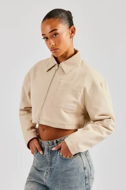 Women CLO-TOP-OUT Twill Cord Collar Harrington Jacket - Stone