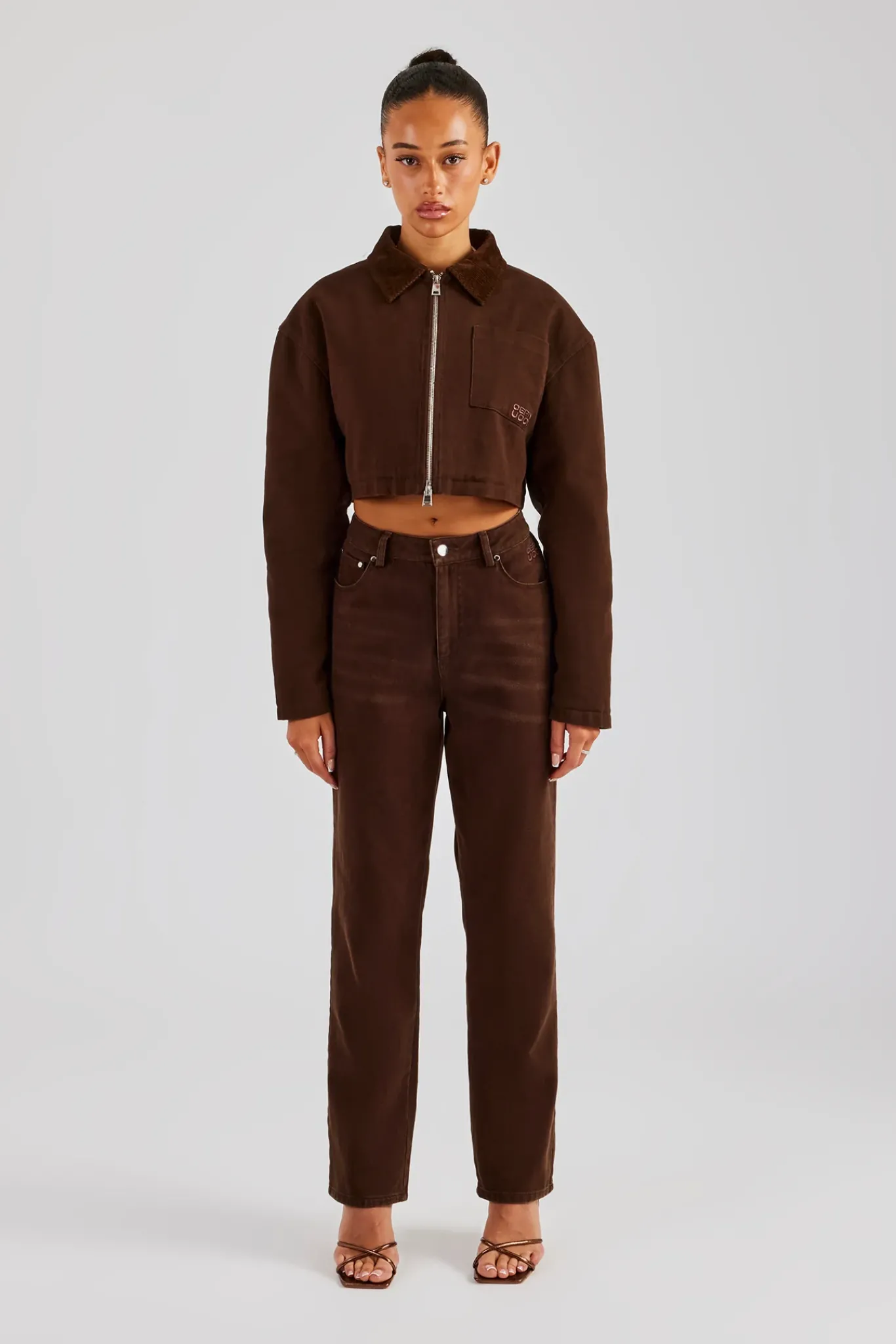 Women CLO-SET Twill Cord Collar Jacket & Trouser - Chocolate