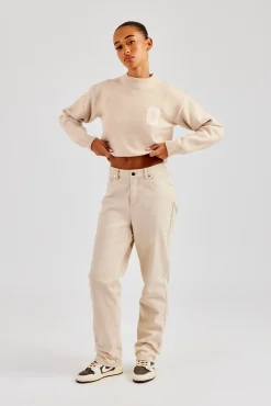 Women CLO-BOT-TRO Twill Embroidered Trouser - Stone