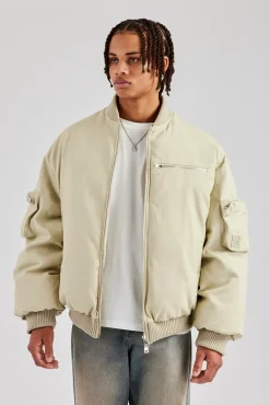 CLO-TOP-OUT Twill Utility Heavy Bomber Jacket - Off White