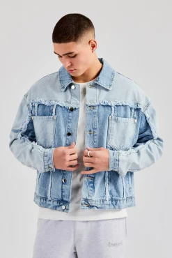 CLO-TOP-OUT-DEN Two Tone Distressed Denim Jacket- Light Blue
