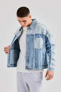 CLO-TOP-OUT-DEN Two Tone Distressed Denim Jacket- Light Blue