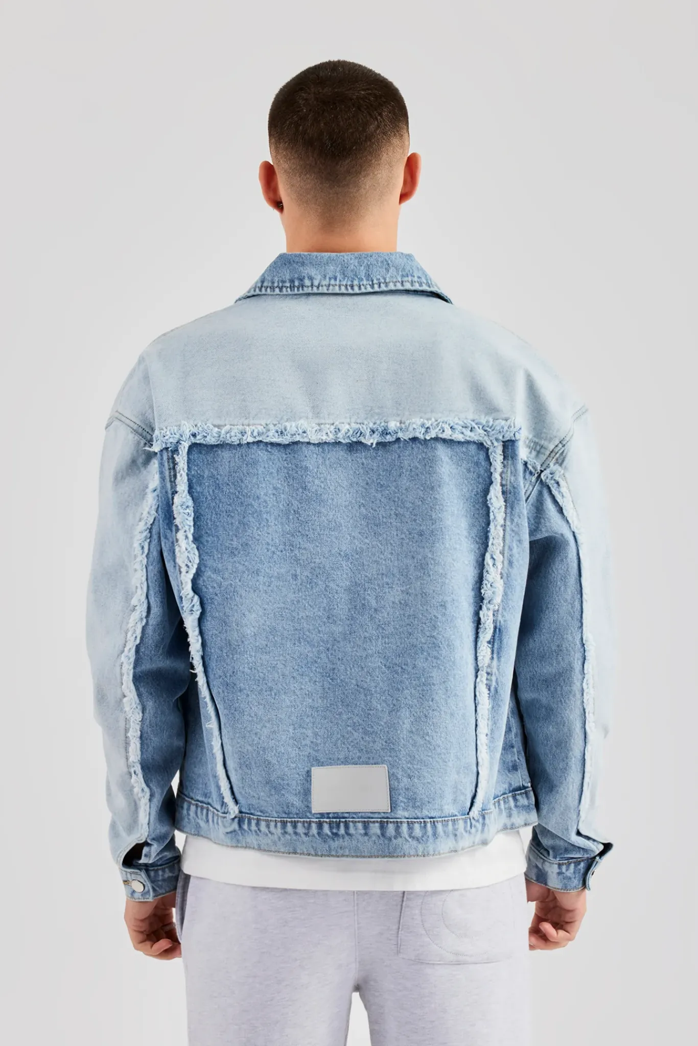 CLO-TOP-OUT-DEN Two Tone Distressed Denim Jacket- Light Blue