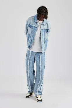 CLO-SET-DEN Two Tone Distressed Denim Jacket & Jean - Light Blue