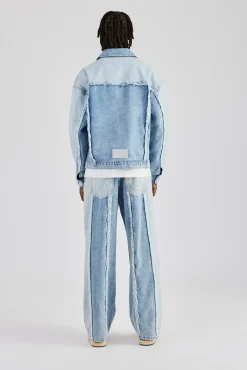 CLO-SET-DEN Two Tone Distressed Denim Jacket & Jean - Light Blue
