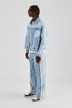 CLO-SET-DEN Two Tone Distressed Denim Jacket & Jean - Light Blue