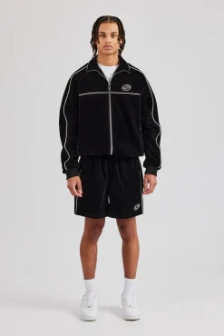 CLO-TOP-OUT Velour Funnel Neck Piping Track Jacket - Black