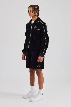 CLO-TOP-OUT Velour Funnel Neck Piping Track Jacket - Black
