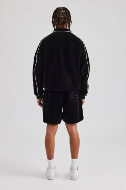 CLO-SET Velour Funnel Neck Piping Track Jacket & Short - Black