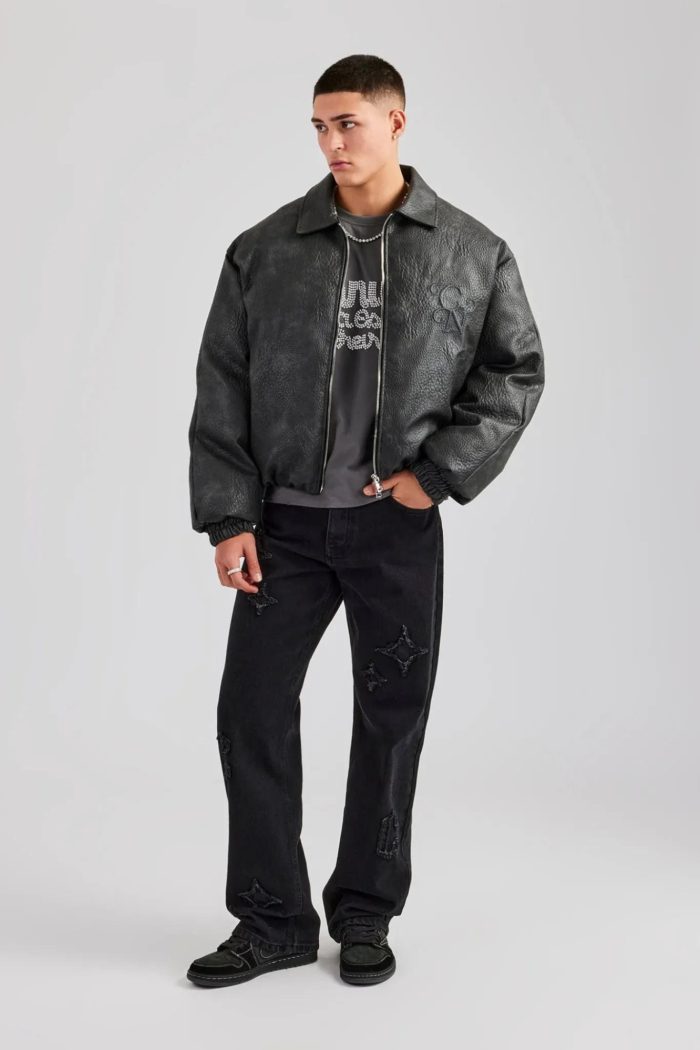 CLO-TOP-OUT Vintage PU Harrington Jacket - Charcoal