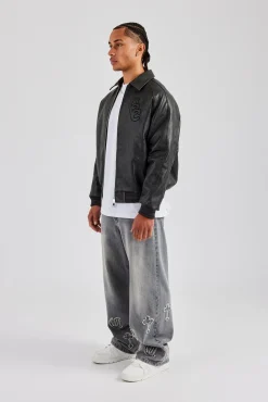 CLO-TOP-OUT Vintage Washed PU Harrington Bomber Jacket - Grey