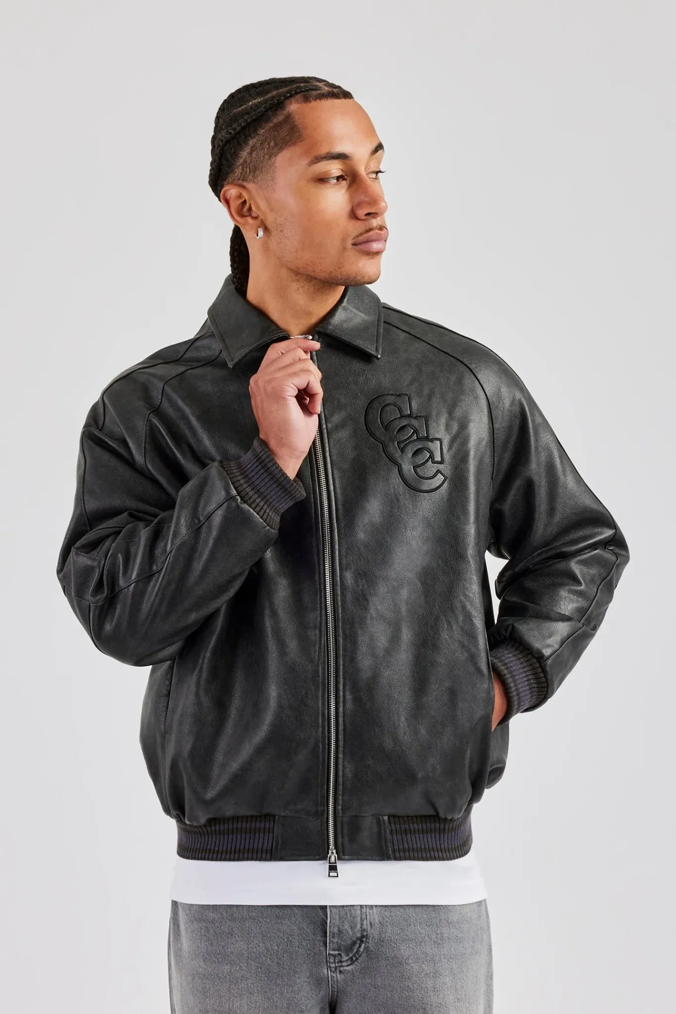 CLO-TOP-OUT Vintage Washed PU Harrington Bomber Jacket - Grey