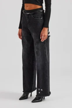 Women CLO-BOT-DEN Waistband Insert Baggy Jean - Washed Black