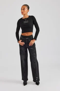 Women CLO-BOT-DEN Waistband Insert Baggy Jean - Washed Black