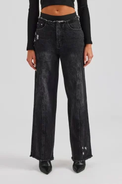 Women CLO-BOT-DEN Waistband Insert Baggy Jean - Washed Black