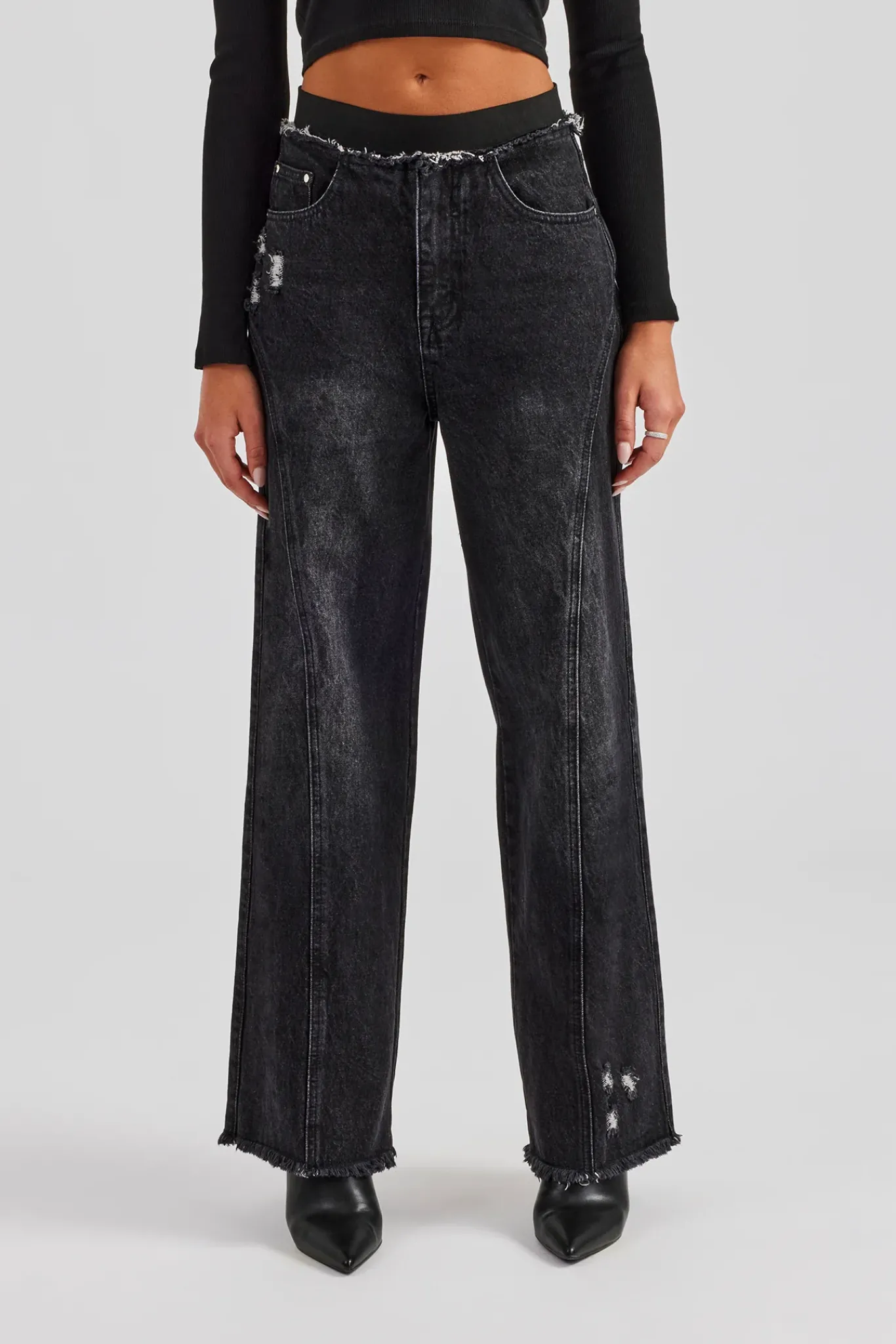 Women CLO-BOT-DEN Waistband Insert Baggy Jean - Washed Black