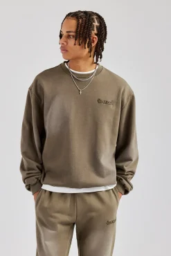 CLO-TOP-HS-SWE Washed Applique Boxy Sweater - Khaki
