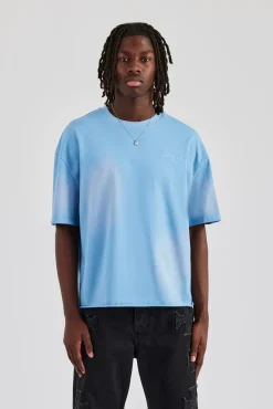 CLO-TOP-TEE Washed Applique Boxy T-Shirt - Blue