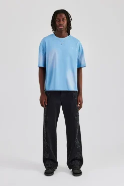 CLO-TOP-TEE Washed Applique Boxy T-Shirt - Blue
