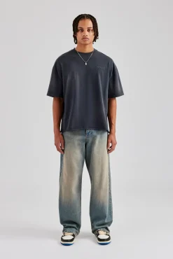 CLO-TOP-TEE Washed Applique Boxy T-Shirt - Acid Wash