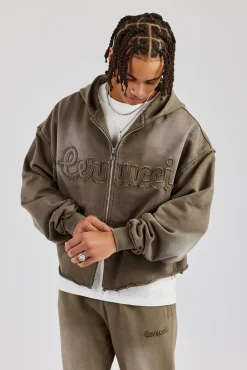 CLO-TOP-HS-HOOD Washed Applique Zip Through Hoodie - Khaki