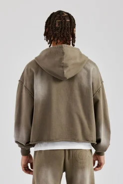 CLO-TOP-HS-HOOD Washed Applique Zip Through Hoodie - Khaki