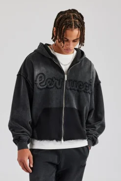 CLO-TOP-HS-HOOD Washed Applique Zip Through Hoodie - Acid Wash