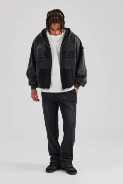 CLO-TOP-HS-HOOD Washed Applique Zip Through Hoodie - Acid Wash