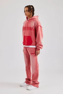 CLO-SET Washed Applique Zip Through Hooded Tracksuit - Washed Red