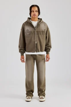 CLO-SET Washed Applique Zip Through Tracksuit - Khaki