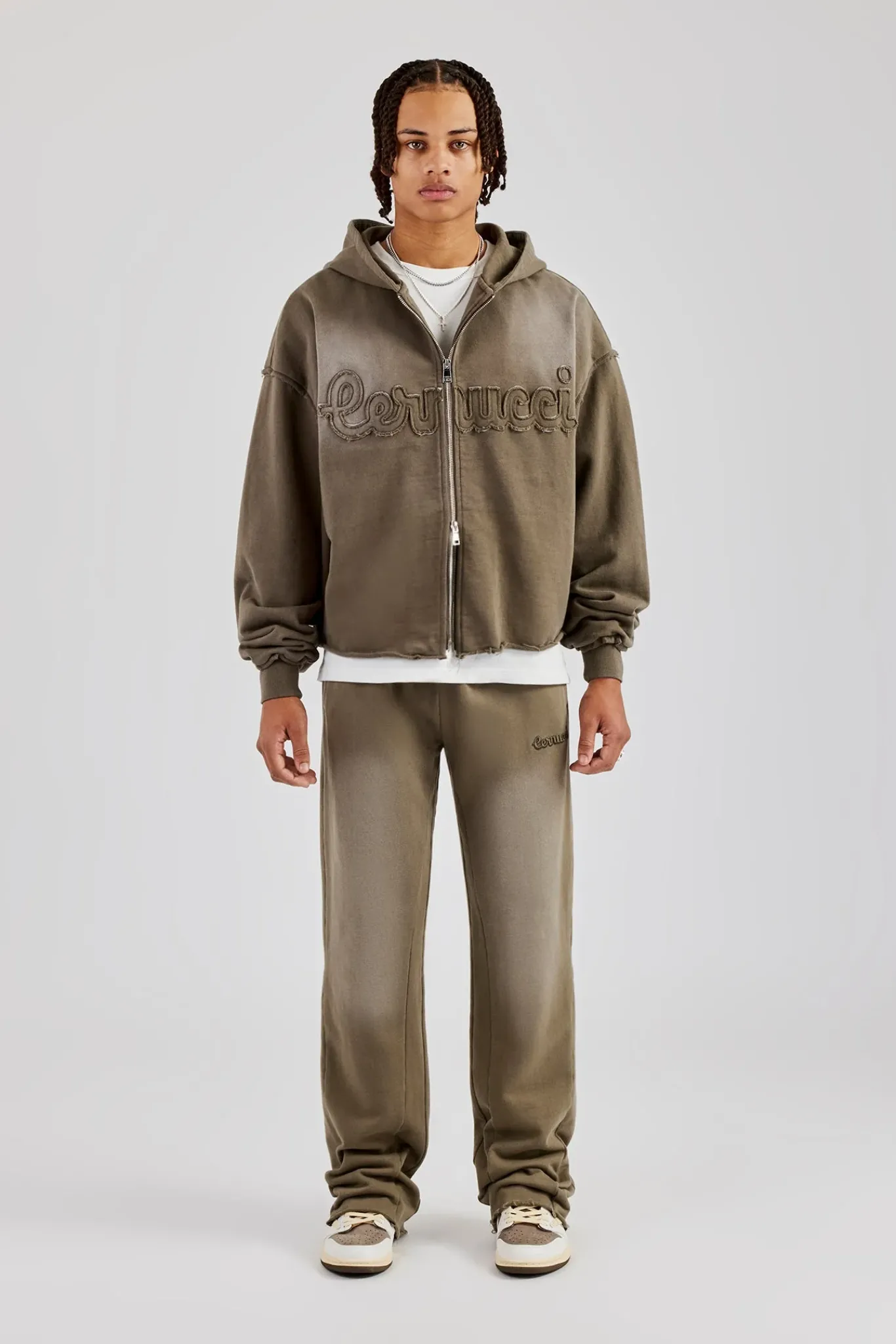 CLO-SET Washed Applique Zip Through Tracksuit - Khaki