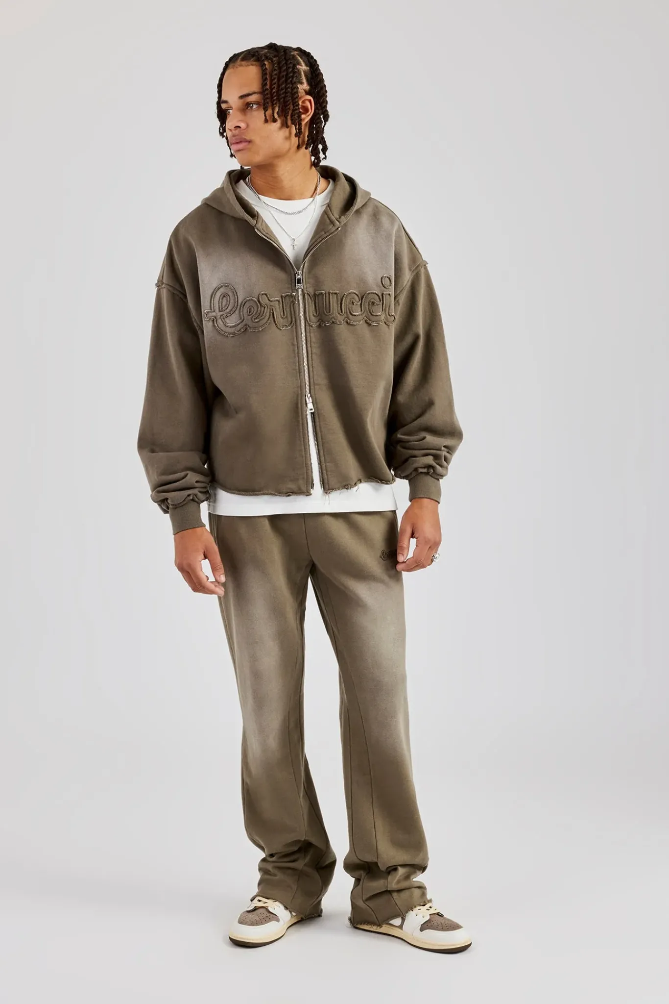 CLO-SET Washed Applique Zip Through Tracksuit - Khaki