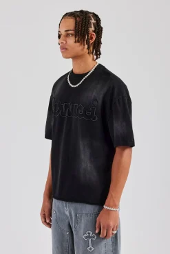 CLO-TOP-TEE Washed Boxy Distressed T-Shirt - Black