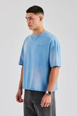 CLO-TOP-TEE Washed Boxy Distressed T-Shirt - Blue