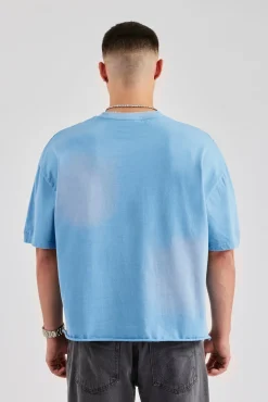 CLO-TOP-TEE Washed Boxy Distressed T-Shirt - Blue