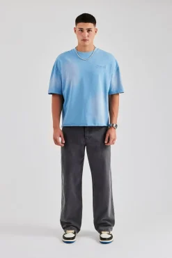 CLO-TOP-TEE Washed Boxy Distressed T-Shirt - Blue