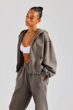Women CLO-TOP-HS-HOOD Washed Boxy Fit Zip Through Hoodie - Grey