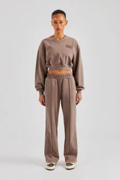 Women CLO-SET Washed Cropped V Neck Sweat & Wide Leg Jogger - Mauve