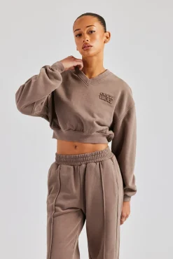 Women CLO-TOP-HS-SWE Washed Cropped V Neck Sweat - Mauve