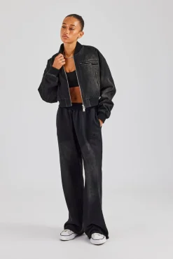 Women CLO-TOP-OUT-DEN Washed Denim Bomber Jacket - Black