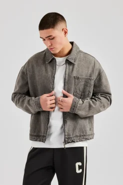 CLO-TOP-OUT-DEN Washed Denim Harrington Jacket - Washed Grey