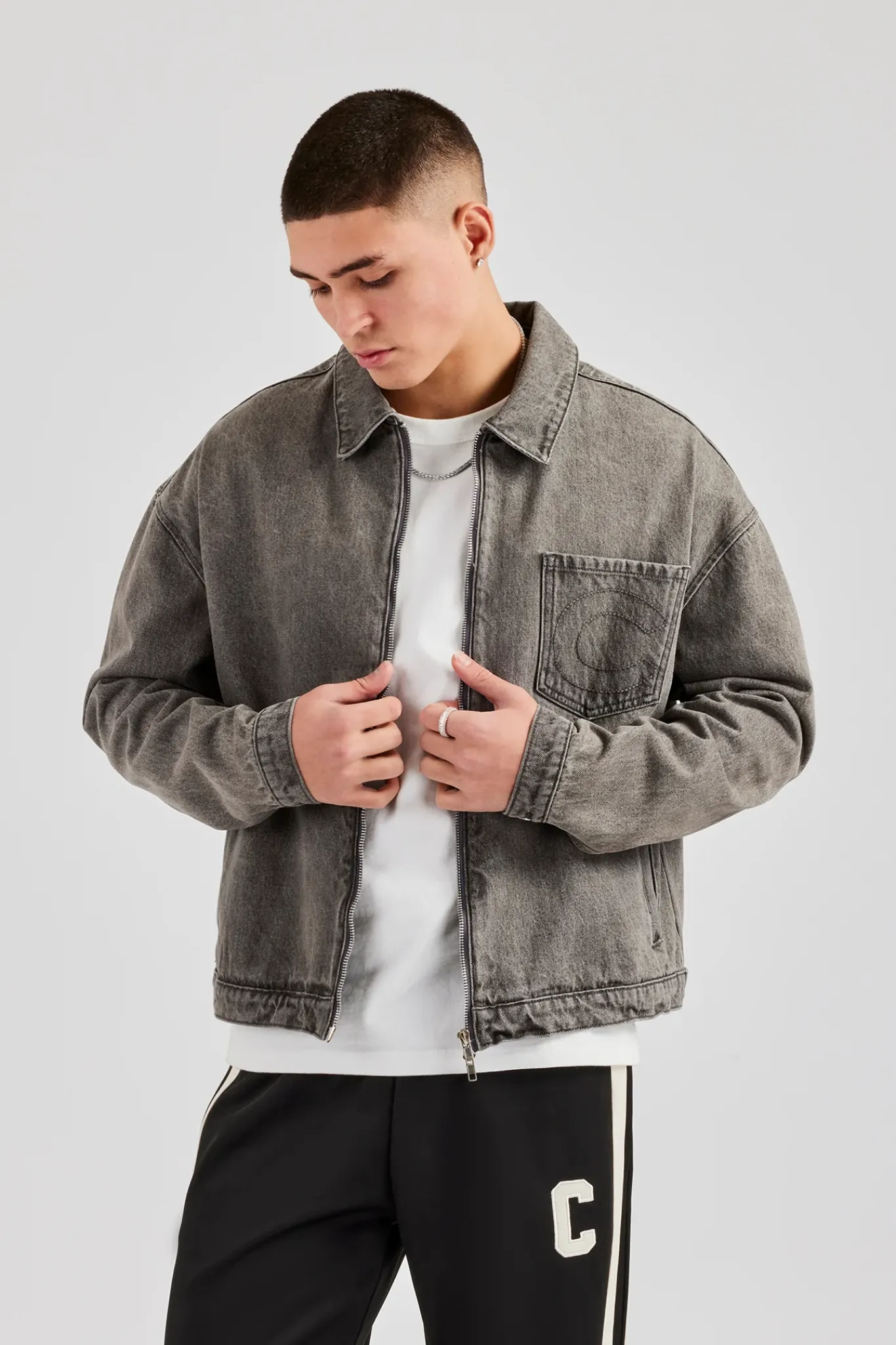 CLO-TOP-OUT-DEN Washed Denim Harrington Jacket - Washed Grey