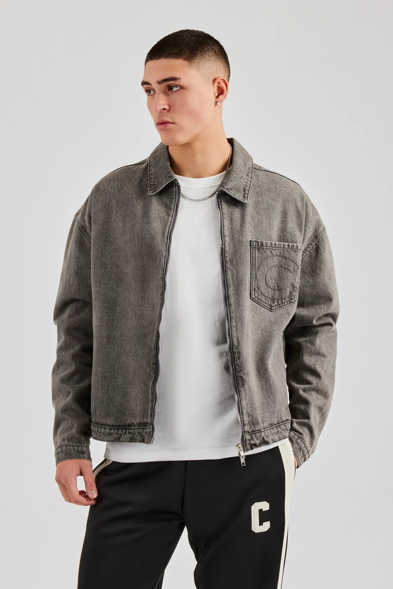 CLO-TOP-OUT-DEN Washed Denim Harrington Jacket - Washed Grey