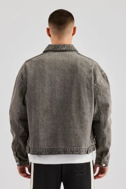 CLO-TOP-OUT-DEN Washed Denim Harrington Jacket - Washed Grey