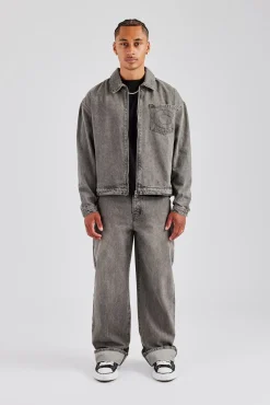 CLO-SET-DEN Washed Denim Harrington Jacket & Turn Up Baggy Jean - Washed Grey