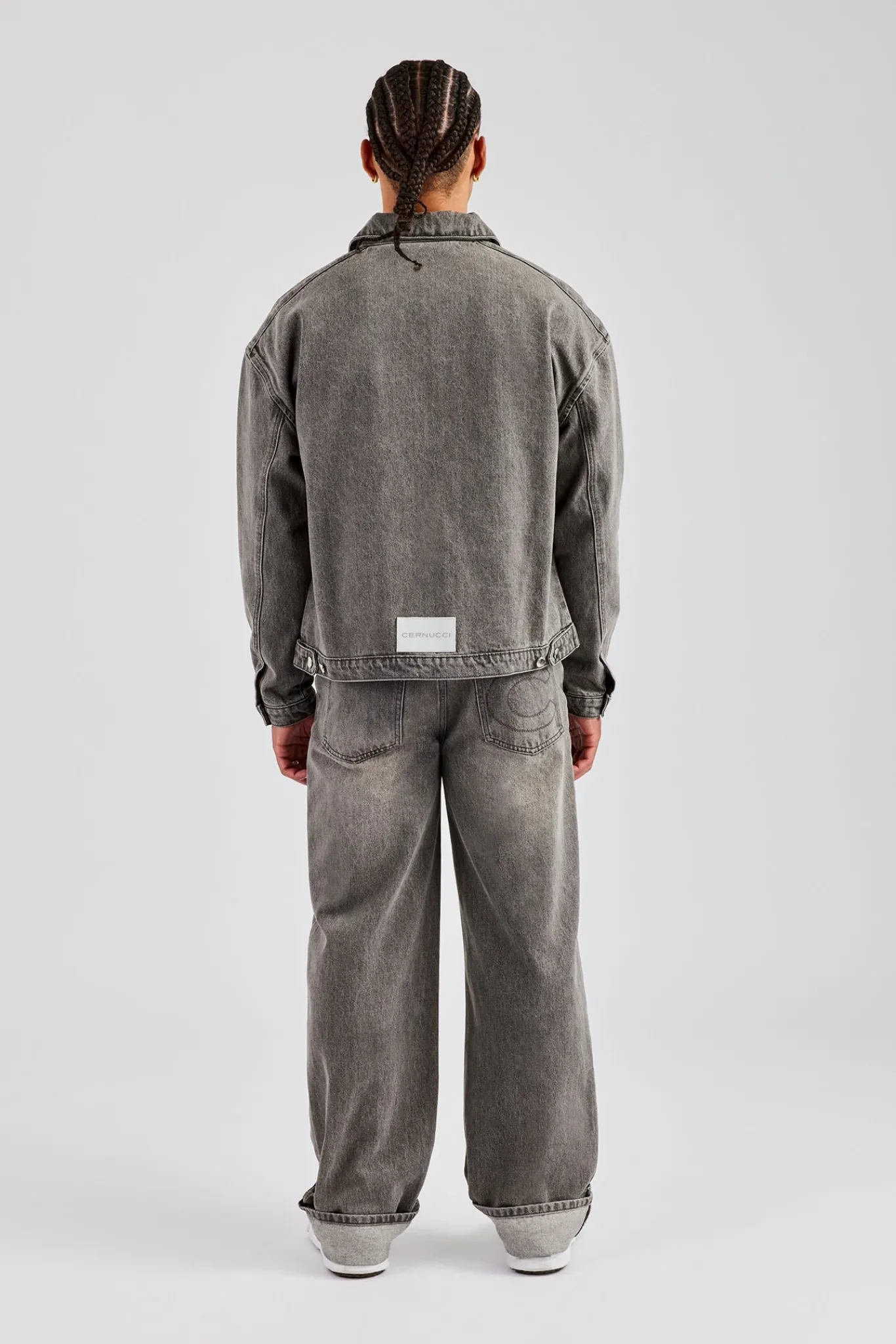 CLO-SET-DEN Washed Denim Harrington Jacket & Turn Up Baggy Jean - Washed Grey