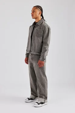 CLO-SET-DEN Washed Denim Harrington Jacket & Turn Up Baggy Jean - Washed Grey